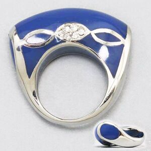 Blue Enamel Silver Tone & Clear Rhinestone Fashion Ring Size 8
